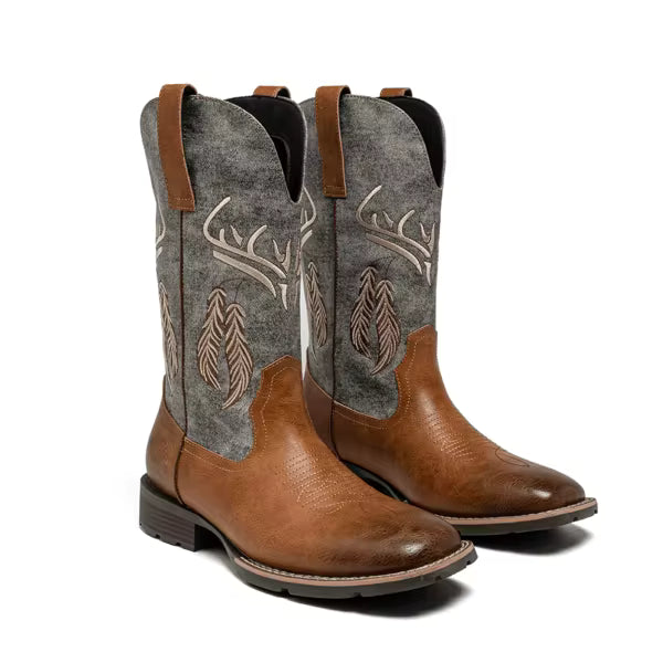 Men's Cowboy Boots, Western Boots, High Top Leather Horse Boots, Outdoor Work Boots. PU Embroidery With Low Heel And Square Toe For Breathability. Fashionable European And American Style Holiday Gifts. Brown Black