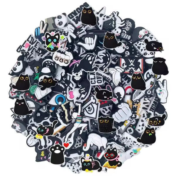 Random 10/30/50Pcs Black And White Series Series Shoe Charms For Clogs Bubble Slides Sandals, PVC Shoe Decorations Accessories Shoe Pins Great Gift