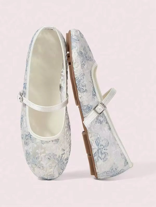 CUCCOO DOLLMOD Women's Shoes Fashion Round Toe Flower Embroidery Word With Mary Jane Flats Cute And Sweet