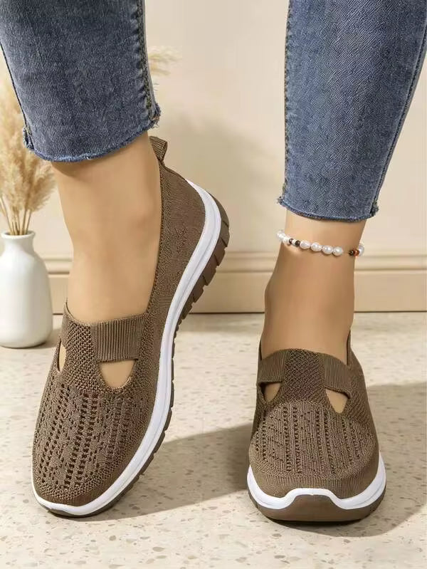 Breathable Mesh Women's Slip-On Sneakers - Lightweight Hollow Design, Plus Size Outdoor Walking Shoes With Embroidery Detail, All-Season Comfort Fabri