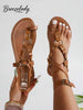 Breezelady Women's Cross Strap Open Toe Flat Sandals, Metal Ring Decor, Buckle Ankle Strap, Brown Vintage Sandals For Outdoor Casual Outings